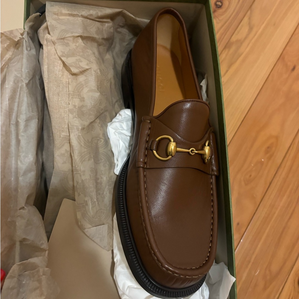 Gucci Brown Leather Loafers with Gold Accent